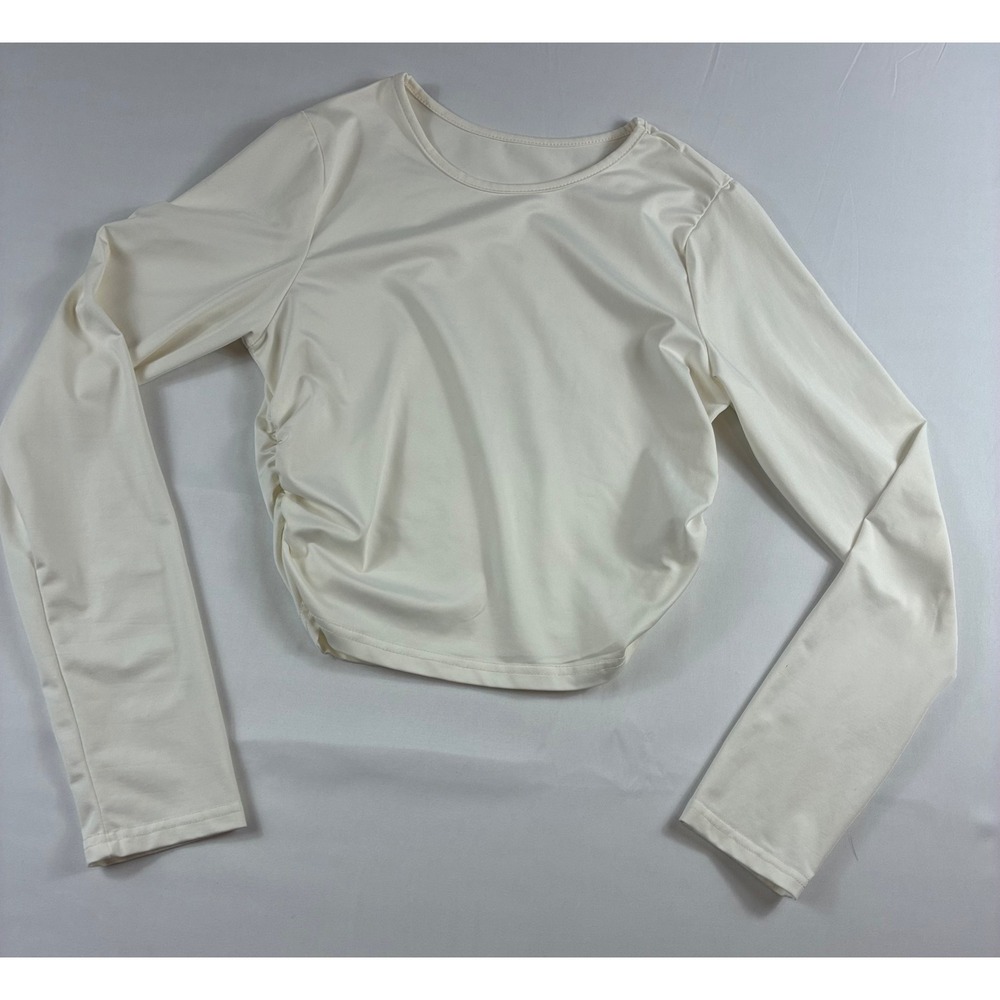 SHEIN Ruched Side Crop Top Women Size Large White Long Sleeve Crew Neck Shirt